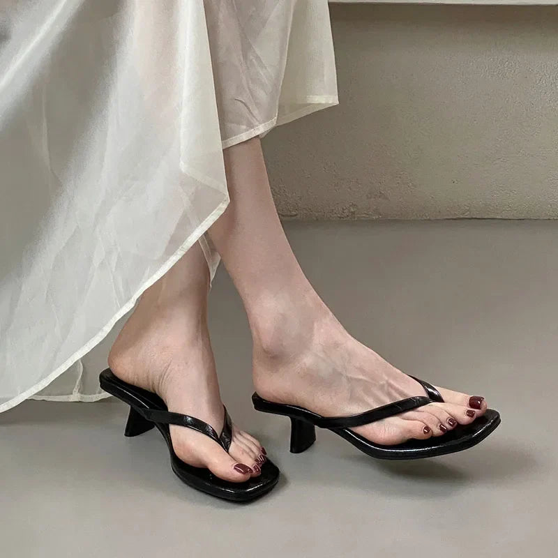 Square Toe 4CM Heels Slippers Slides Sandals Casual Flip flops Thin Heel Slippers